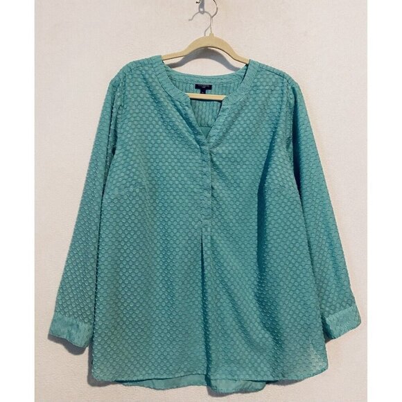 Talbots Top Womens 1X Aqua Blue Textured Geometric Long Sleeve Popover Mature - Picture 1 of 6